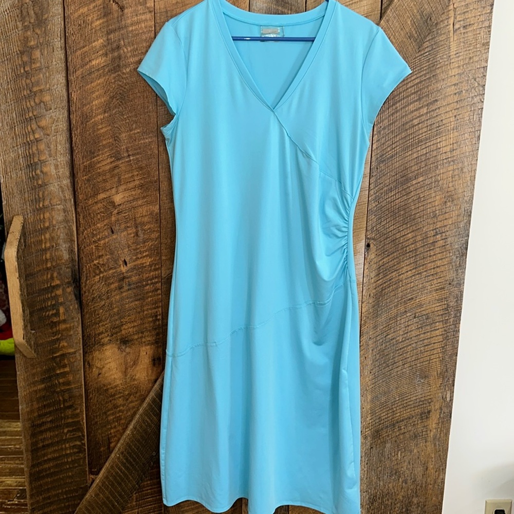 ATHLETA Stretch Nectar Blue Ruched Faux Wrap Dress Size LT